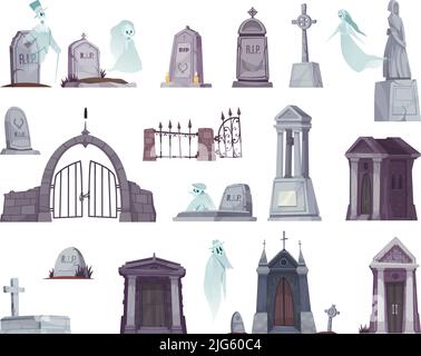 Set of cartoon cemetery grave fence cross crypt ghost isolated on white background vector illustration Stock Vector
