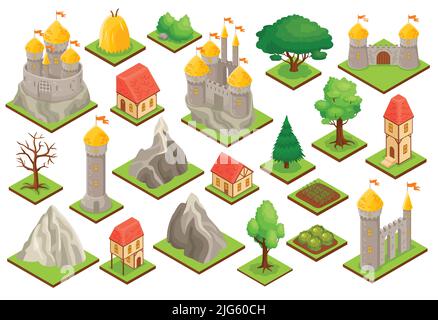 Isometric icons set of medieval castle towers gate city houses trees bushes rocks isolated on white background 3d vector illustration Stock Vector