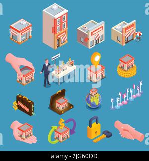Franchise isometric icons set with business and finance symbols isolated vector illustration Stock Vector
