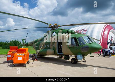 ZHUKOVSKY, RUSSIA - JULY 20, 2017: Military transport helicopter of Mi-17V-5 on the MAKS-2017 air show Stock Photo