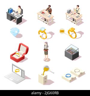 Jewelry production isometric set of isolated icons with diamond rings shop display and jewelers at work vector illustration Stock Vector