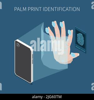 Biometric authentification isometric composition with images of smartphone scanning human hand with fingerprints and editable text vector illustration Stock Vector