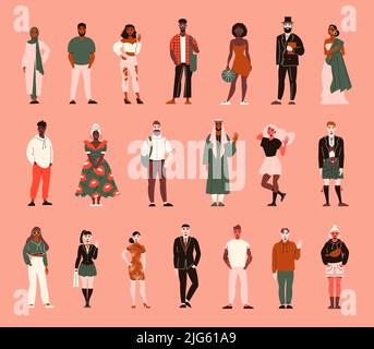 Nationality people color set of isolated doodle style human characters with different clothes and skin colour vector illustration Stock Vector