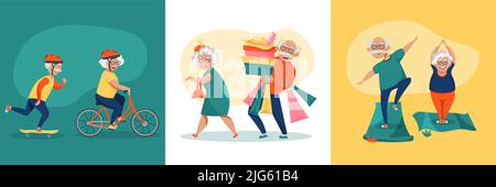 Elderly people daily activities concept 3 funny cartoon compositions old couple shopping exercising cycling skateboarding vector illustration Stock Vector