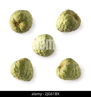 cherimoya, annona cherimoya, cone shaped edible fruit also known as custard apple or sugar apple, sweet taste tropical fruit isolated on white Stock Photo