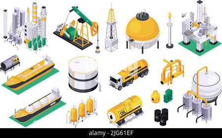 Oil petroleum industry set of isolated icons with fuel tanks pipes oil pumps and offshore platform vector illustration Stock Vector