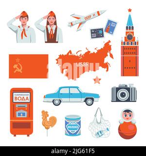 Ussr set of isolated icons with stamps soviet flag and star and with texts "milk", "ussr post" and "sparkling water" vector illustration Stock Vector