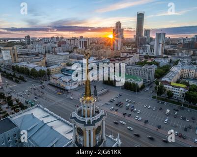 Yekaterinburg Administration or City Hall, Central square and Yekaterinburg City Towers at summer evening. Evening city in the summer, Aerial View. To Stock Photo