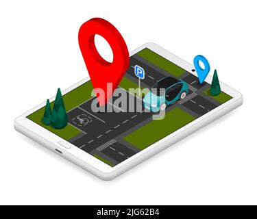 Isometric parking composition with abstract sign in the form of a three dimensional pointer for parking space vector illustration Stock Vector