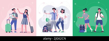 Vacation travel concept 3 background cartoon compositions with traveling couples hiking making selfie with luggage vector illustration Stock Vector