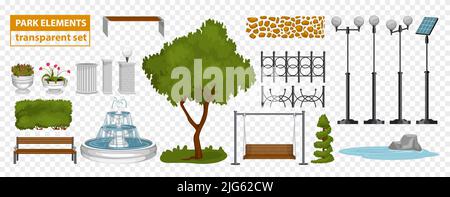 Park elements set on transparent background with isolated icons of lamp posts flower beds and benches vector illustration Stock Vector