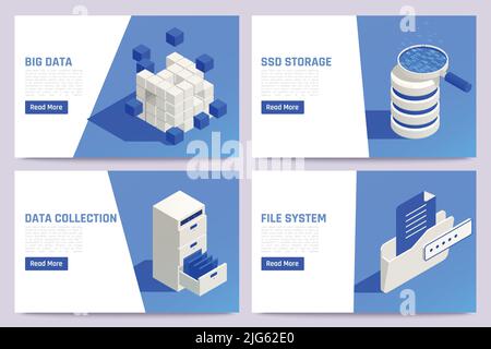 Big data analysis isometric vertical banners set with collection symbols isolated vector illustration Stock Vector