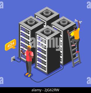 Error isometric background technicians are trying to fix the network in the server room vector illustration Stock Vector