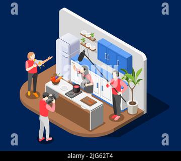 Isometric cooking show background producer controls the process of filming video recipe over loudspeaker vector illustration Stock Vector