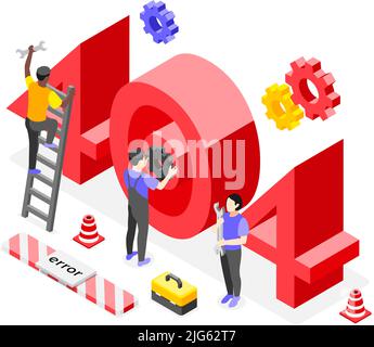 Isometric and colored error composition technicians are trying to solve the problem vector illustration Stock Vector