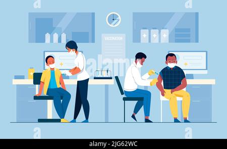 Male and female nurses giving injection to people during vaccination at doctors office flat vector illustration Stock Vector