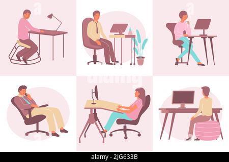 Ergonomic furniture flat compositions set with men and women working while sitting on comfortable modern chairs isolated vector illustration Stock Vector