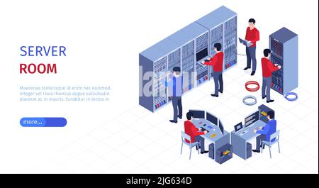 System administrator horizontal banner with server room symbols isometric vector illustration Stock Vector