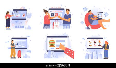 Customers use various self service machines set flat isolated vector illustration Stock Vector