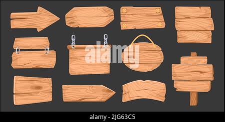 Set of isolated images of wooden signboards with isolated directional and conclusional boards with metal chains vector illustration Stock Vector