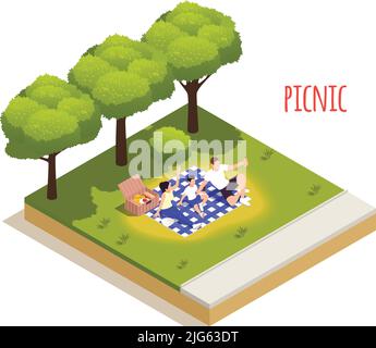 Park outdoor picnic isolated isometric element icon family on gingham tablecloth enjoying snacks from food basket vector illustration Stock Vector
