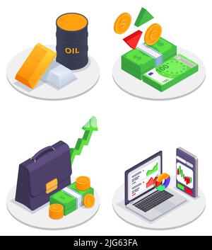 Stock exchange financial market trading colored and isometric icon set gold ingots and barrels of gold oil banknotes and coins briefcase and graphs on Stock Vector