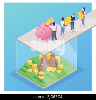 Financial education literacy isometric colored composition collectively filling the piggy bank with money vector illustration Stock Vector