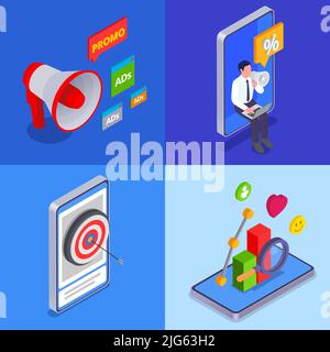 Four marketing technologies isometric icon set loudspeaker online sale likes charts and increased sales descriptions vector illustration Stock Vector