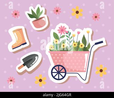 gardening flowers in wheelbarrow Stock Vector