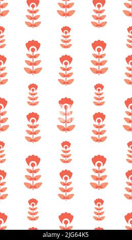 Vector seamless simple pattern with small red geometric flowers on a stem with leaves in row on white background. Vertical retro floral texture Stock Vector