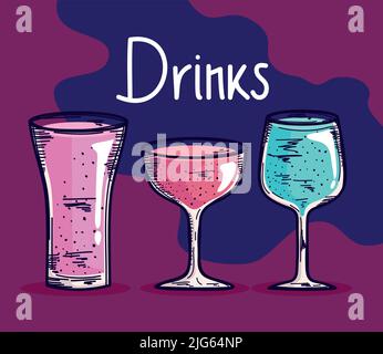 drinks lettering with three beverages Stock Vector