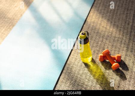 High angle view of water bottle and orange dumbbells by blue exercise mat on carpet, copy space Stock Photo