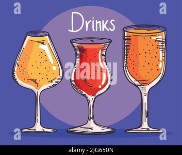 drinks lettering with three cups Stock Vector