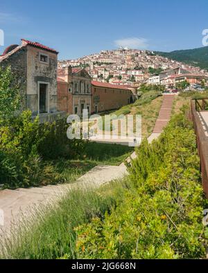 The entrance of the Certosa di San Lorenzo with Padula town in the background, Campania, Italy Stock Photo