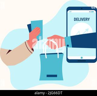 Delivery of goods in hand and give money immediately and in the background the application Stock Vector