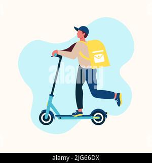 Delivery of goods, a man in a cap on a scooter delivers a parcel to customers Stock Vector