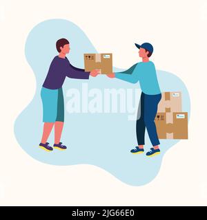 Delivery of a box in the hands of a person against the background of other boxes with delivery Stock Vector