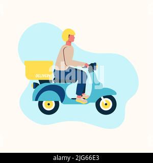 A man on a scooter in a helmet goes to deliver goods to a customer Stock Vector