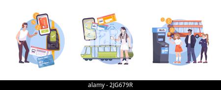 Set of three flat compositions with people using public transport app paying fare buying tickets isolated vector illustration Stock Vector