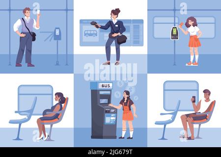 Flat composition set with ticket inspector and public transport passengers travelling and paying fare isolated vector illustration Stock Vector