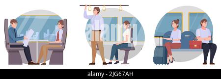 Public transport isolated compositions set with people riding in train bus and subway car flat vector illustration Stock Vector