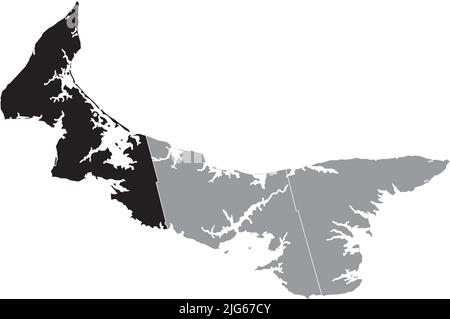 Black flat blank highlighted location map of the PRINCE COUNTY inside gray administrative map of counties of Canadian province of Prince Edward Island Stock Vector