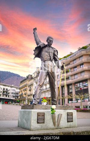 MONTREUX, SWITZERLAND : A statue of Freddie Mercury, a british rockstar and the singer of Queen, locate at Geneva lake, Montreux Stock Photo
