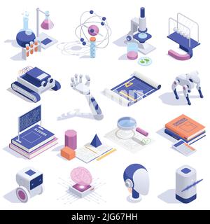 STEM education concept isometric set with robotic pet hand brain simulation model electronic microscope textbooks vector illustration Stock Vector