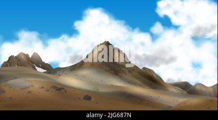 Realistic mountains landscape composition with horizontal view of sky with clouds and brown mountains with stones vector illustration Stock Vector