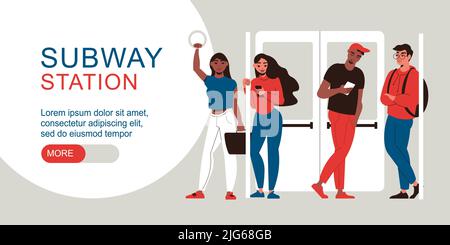 Flat subway station horizontal banner with four young people standing during ride in metro vector illustration Stock Vector