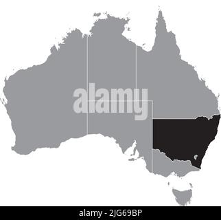 Black flat blank highlighted locator administrative map of the Australian state of NEW SOUTH WALES inside gray flat map of AUSTRALIA Stock Vector