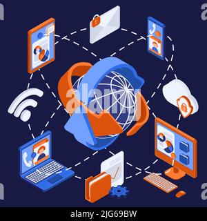 Isometric flowchart illustrated big data satellite transmission between digital media vector illustration Stock Vector