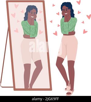 Smiling woman looking in mirror semi flat color vector character Stock Vector