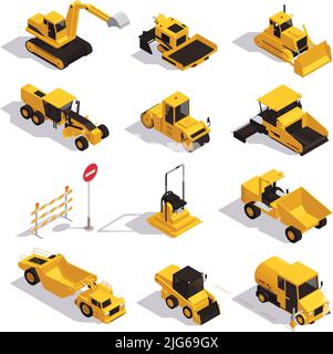 Road construction isometric set of isolated icons with images of yellow colored road machinery with barriers vector illustration Stock Vector